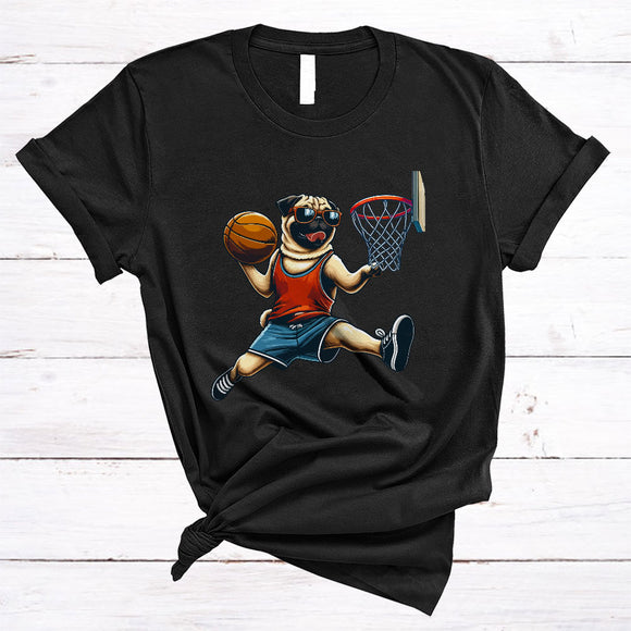 MacnyStore - Pug Playing Basketball, Joyful Sport Basketball Player Lover, Wild Animal Zoo Keeper Group T-Shirt