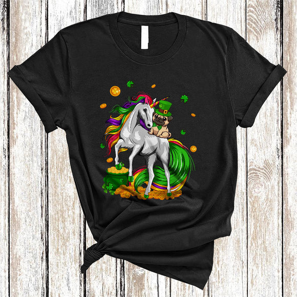 MacnyStore - Pug Riding Unicorn, Joyful St. Patrick's Day Magical Unicorn Lover, Lucky Shamrock T-Shirt