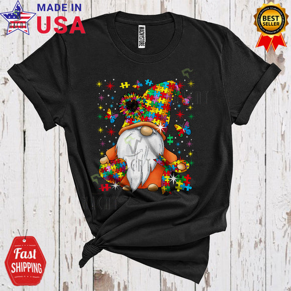 MacnyStore - Puzzle Gnome Cute Cool Autism Awareness Puzzle Heart Sunflower Butterfly Gnome Lover T-Shirt
