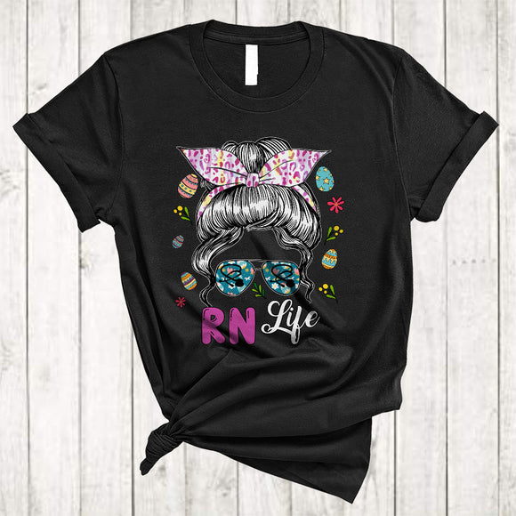 MacnyStore - RN Life, Amazing Easter Day Bun Hair Woman Face Sunglasses, Egg Hunt Group Nurse T-Shirt