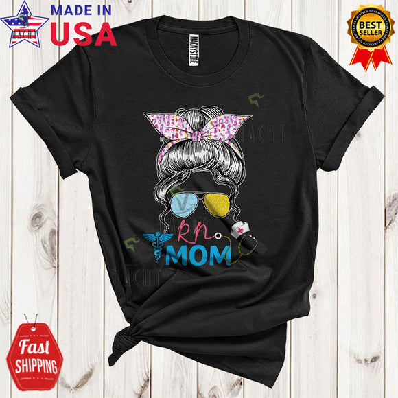 MacnyStore - RN Mom Cool Happy Easter Mother's Day Leopard Bun Hair Woman Face Matching Nurse Group T-Shirt