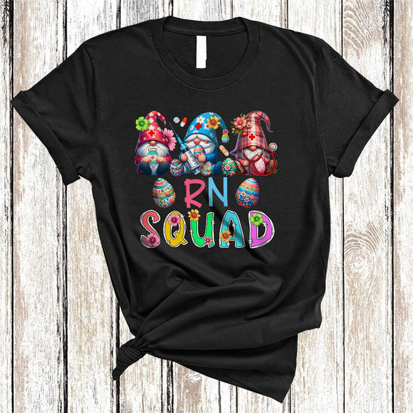 MacnyStore - RN Squad, Colorful Easter Three Gnomes Gnomies Nursing Hunting Eggs, Nurse Group T-Shirt