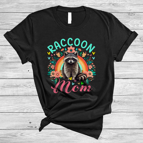 MacnyStore - Raccoon Mom, Wonderful Mother's Day Flowers Rainbow, Wild Animal Zoo Keeper Family T-Shirt