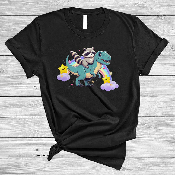 MacnyStore - Raccoon Riding Dinosaur, Humorous Wild Animal Matching Zoo Keeper, Rainbow Lover T-Shirt