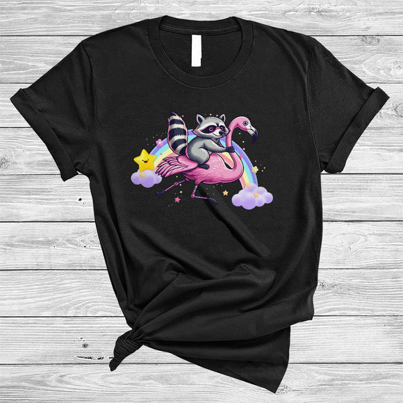 MacnyStore - Raccoon Riding Flamingo, Humorous Wild Animal Matching Zoo Keeper, Rainbow Lover T-Shirt