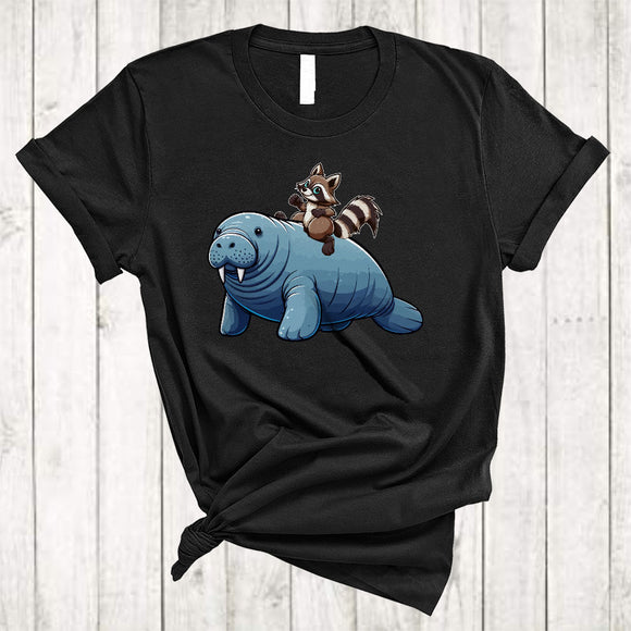 MacnyStore - Raccoon Riding Manatee, Humorous Cute Sea Wild Animal, Matching Sea Ocean Biologists Lover T-Shirt