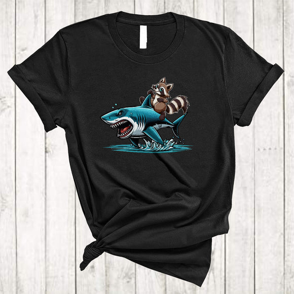 MacnyStore - Raccoon Riding Shark, Humorous Cute Sea Wild Animal, Matching Sea Ocean Biologists Lover T-Shirt