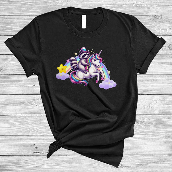 MacnyStore - Raccoon Riding Unicorn, Humorous Wild Animal Matching Zoo Keeper, Rainbow Lover T-Shirt