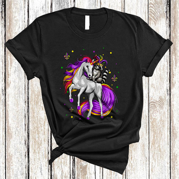 MacnyStore - Raccoon Riding Unicorn, Joyful Mardi Gras Magical Unicorn Lover, Matching Parades Group T-Shirt