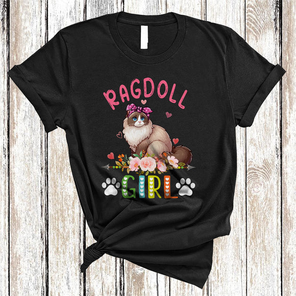 MacnyStore - Ragdoll Girl, Amazing Floral Kitten Lover Hearts Flowers, Matching Girls Women Family T-Shirt