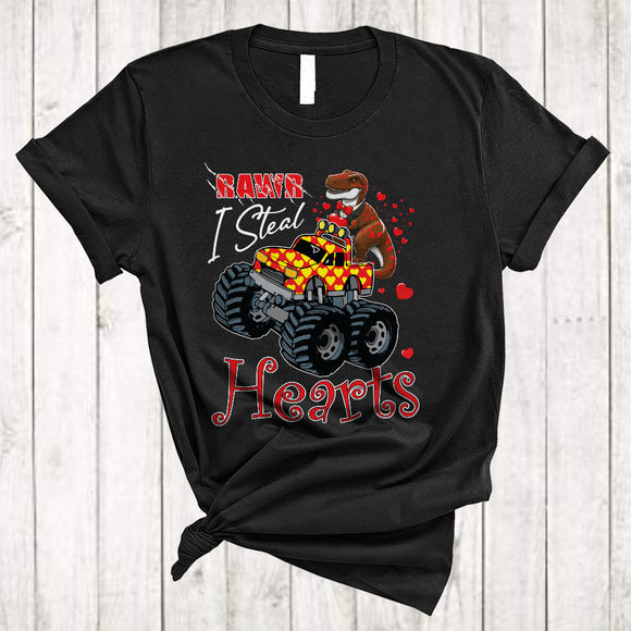MacnyStore - Rawr I Steal Hearts, Wonderful Cute Valentine's Day T-Rex On Monster Truck, Boys Dinosaur T-Shirt