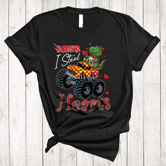 MacnyStore - Rawr I Steal Hearts, Wonderful Cute Valentine's Day T-Rex On Monster Truck, Girls Dinosaur T-Shirt