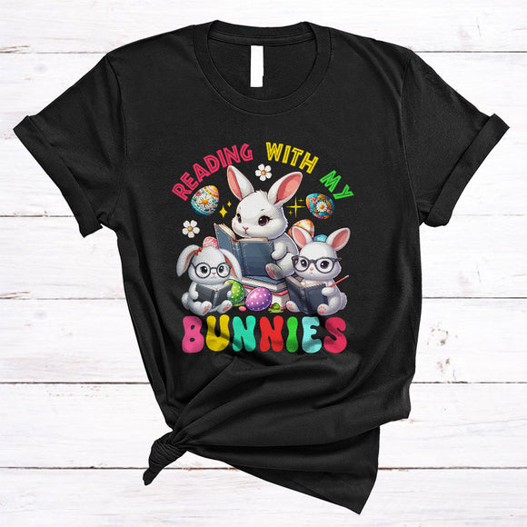 MacnyStore - Reading With My Bunnies, Awesome Easter Day Bunny Reading Reader, Librarian Bookworm Book T-Shirt