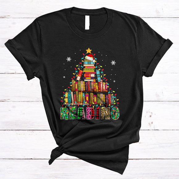 MacnyStore - Reading, Colorful Leopard Plaid Christmas Lights Tree, Matching Reading Teacher Tools Lover T-Shirt