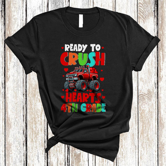 MacnyStore - Ready To Crush Hearts 4th Grade, Wonderful Valentine Hearts On Monster Truck, Students Teacher T-Shirt