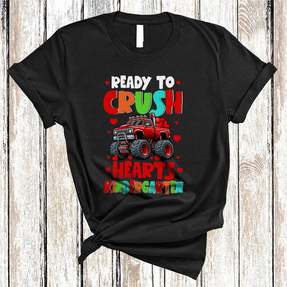 MacnyStore - Ready To Crush Hearts Kindergarten, Wonderful Valentine Hearts On Monster Truck, Students Teacher T-Shirt