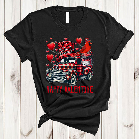 MacnyStore - Red Plaid Pickup Truck With Cardinal Bird, Amazing Valentine's Day Hearts Bird Lover, Matching Couple T-Shirt