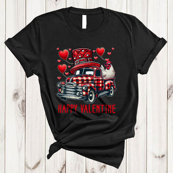 MacnyStore - Red Plaid Pickup Truck With Chicken, Amazing Valentine's Day Hearts Bird Lover, Matching Couple T-Shirt