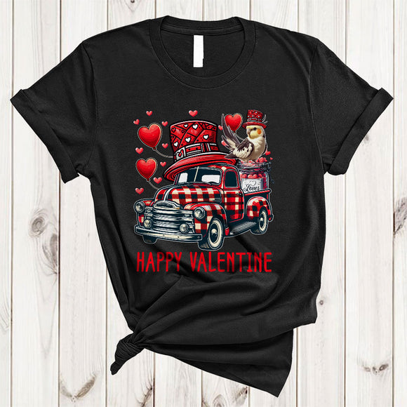 MacnyStore - Red Plaid Pickup Truck With Cockatiel, Amazing Valentine's Day Hearts Bird Lover, Matching Couple T-Shirt
