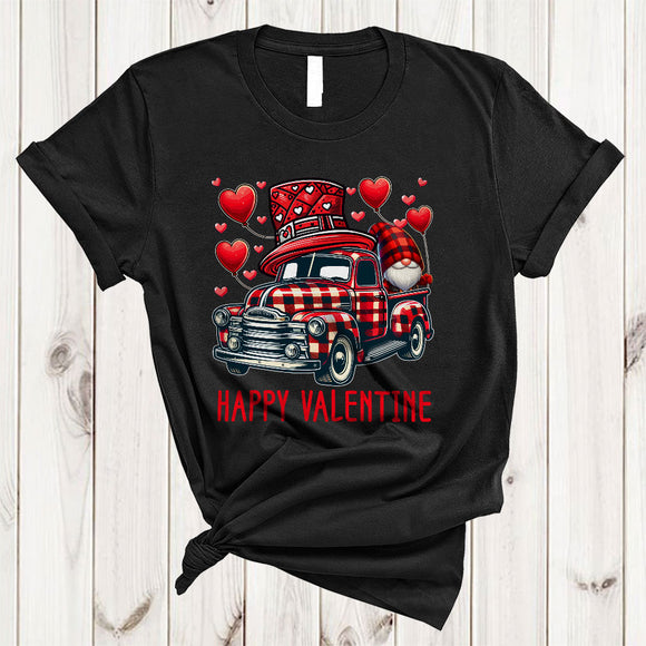 MacnyStore - Red Plaid Pickup Truck With Gnome, Amazing Valentine's Day Hearts Gnome Lover, Matching Couple T-Shirt