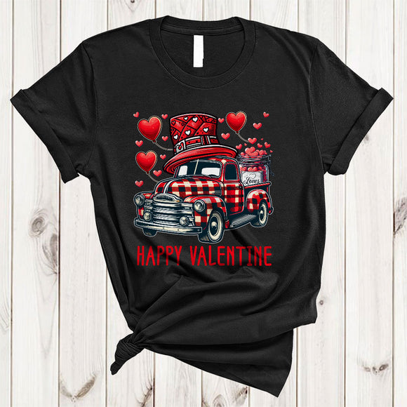 MacnyStore - Red Plaid Pickup Truck With Hearts, Amazing Valentine's Day Hearts Pickup Truck, Matching Couple T-Shirt