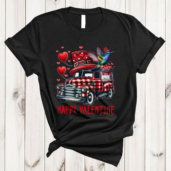 MacnyStore - Red Plaid Pickup Truck With Hummingbird, Amazing Valentine's Day Hearts Bird Lover, Matching Couple T-Shirt