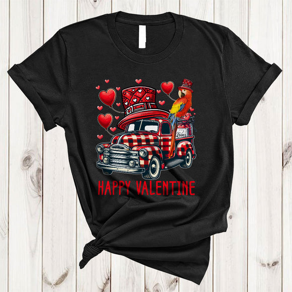 MacnyStore - Red Plaid Pickup Truck With Macaw, Amazing Valentine's Day Hearts Bird Lover, Matching Couple T-Shirt