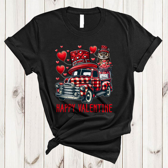 MacnyStore - Red Plaid Pickup Truck With Owl, Amazing Valentine's Day Hearts Bird Lover, Matching Couple T-Shirt