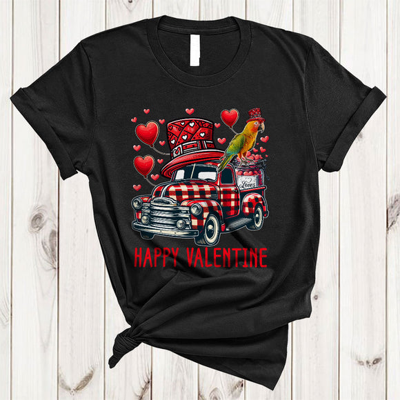 MacnyStore - Red Plaid Pickup Truck With Parrot, Amazing Valentine's Day Hearts Bird Lover, Matching Couple T-Shirt