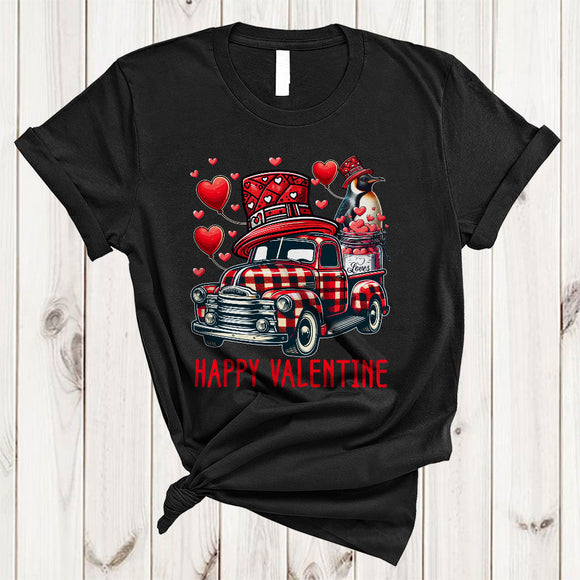 MacnyStore - Red Plaid Pickup Truck With Penguin, Amazing Valentine's Day Hearts Bird Lover, Matching Couple T-Shirt