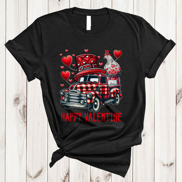 MacnyStore - Red Plaid Pickup Truck With Pigeon, Amazing Valentine's Day Hearts Bird Lover, Matching Couple T-Shirt