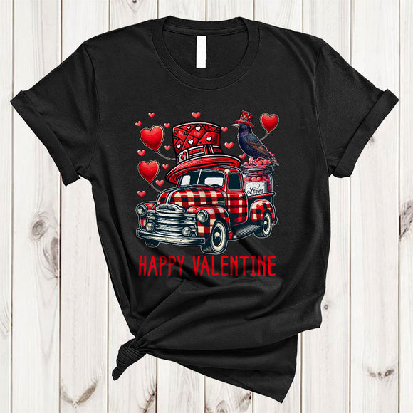 MacnyStore - Red Plaid Pickup Truck With Starling, Amazing Valentine's Day Hearts Bird Lover, Matching Couple T-Shirt