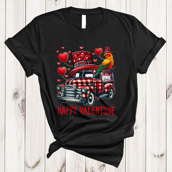 MacnyStore - Red Plaid Pickup Truck With Sun Conure, Amazing Valentine's Day Hearts Bird Lover, Matching Couple T-Shirt
