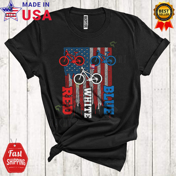 MacnyStore - Red White Blue Cool Proud 4th Of July American US Flag Patriotic Bicycle Rider Lover T-Shirt