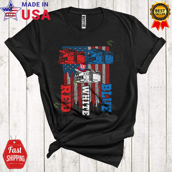 MacnyStore - Red White Blue Cool Proud 4th Of July American US Flag Patriotic Fire Truck Driver T-Shirt