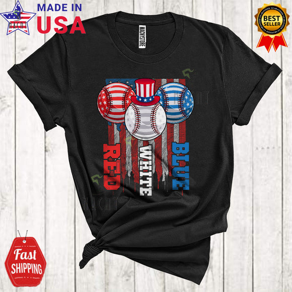 MacnyStore - Red White Blue Cool Proud 4th Of July American US Flag Patriotic Sport Baseball Player T-Shirt