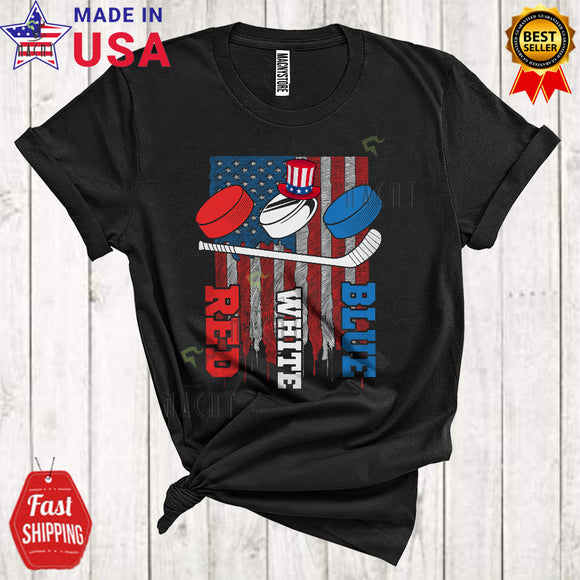 MacnyStore - Red White Blue Cool Proud 4th Of July American US Flag Patriotic Sport Hockey Player T-Shirt