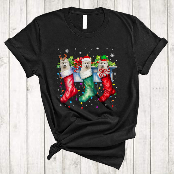 MacnyStore - Reindeer Santa ELF Samoyed Dogs In Christmas Socks Merry Xmas Snow Lights Cute Samoyed Dog T-Shirt
