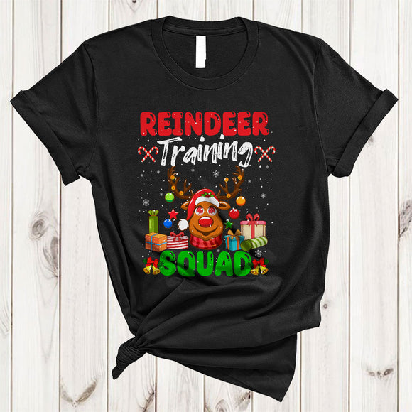 MacnyStore - Reindeer Training Squad, Cheerful Christmas Santa Reindeer, Matching X-mas Trainer Group T-Shirt