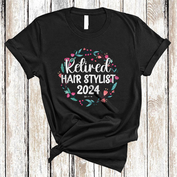MacnyStore - Retired Hair Stylist 2024, Amazing Retirement Floral Flowers Circle, Matching Retired Group T-Shirt