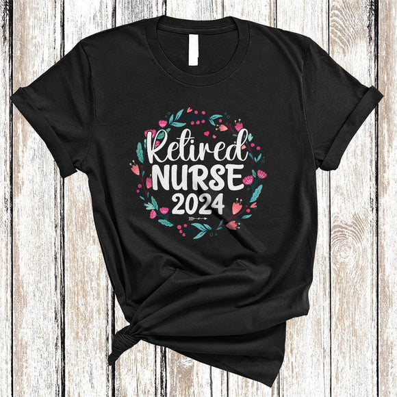 MacnyStore - Retired Nurse 2024, Amazing Retirement Floral Flowers Circle, Matching Retired Group T-Shirt