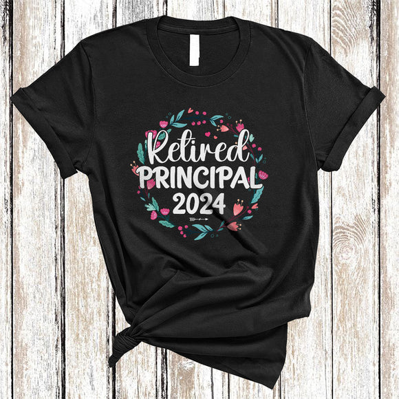 MacnyStore - Retired Principal 2024, Amazing Retirement Floral Flowers Circle, Matching Retired Group T-Shirt