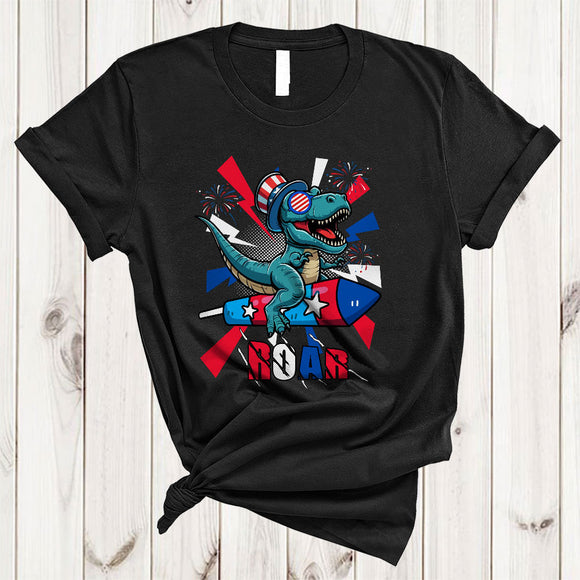 MacnyStore - Roar, Wonderful 4th of July T-Rex Riding Firework Cracker, Dinosaur Lover Patriotic Group T-Shirt