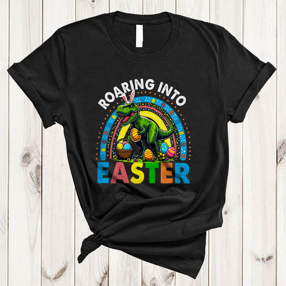 MacnyStore - Roaring Into Easter, Humorous Easter Day T-Rex Bunny Hunting Easter Egg, Rainbow T-Shirt