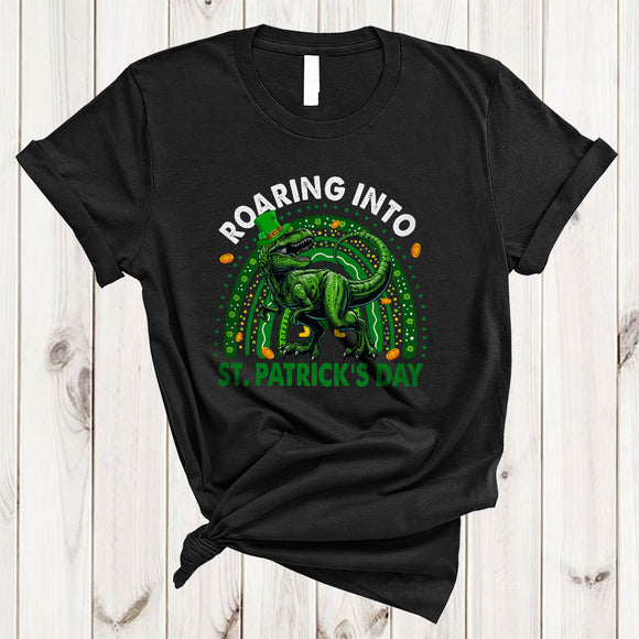 MacnyStore - Roaring Into St. Patrick's Day, Humorous St. Patrick's Day T-Rex Dinosaur, Shamrock Rainbow T-Shirt