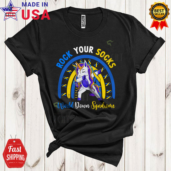 MacnyStore - Rock Your Socks World Down Syndrome Cool Funny Rainbow Ribbon Dabbing Unicorn Socks Lover T-Shirt