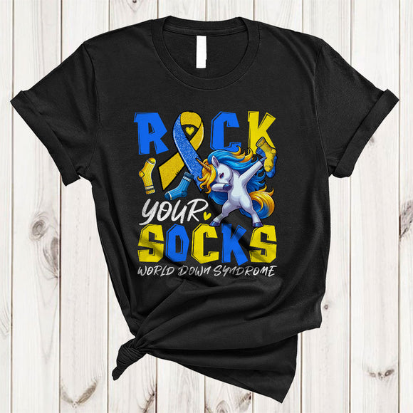 MacnyStore - Rock Your Socks, Adorable World Down Syndrome Awareness Ribbon, Socks Dabbing Unicorn T-Shirt