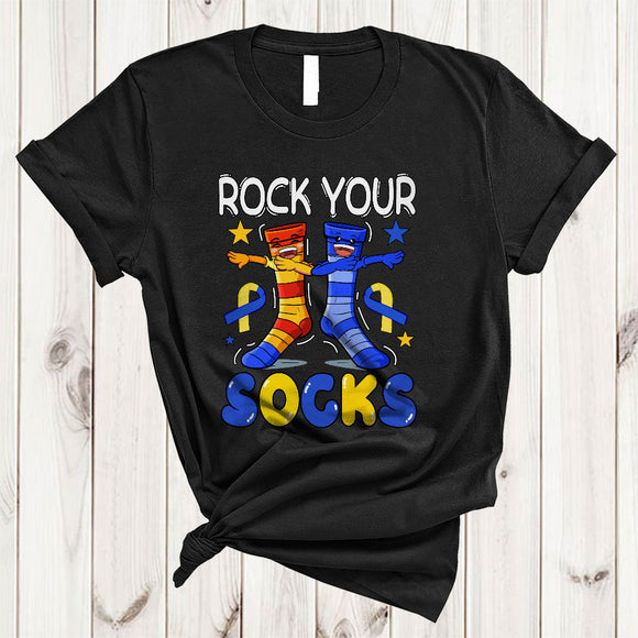 MacnyStore - Rock Your Socks, Joyful Down Syndrome Day Awareness Ribbon Dabbing Socks, Family Group T-Shirt