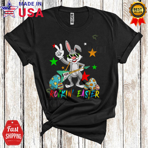 MacnyStore - Rockin' Easter Cool Funny Easter Day Bunny Playing Rock Guitar Guitarist Rock Music Lover T-Shirt