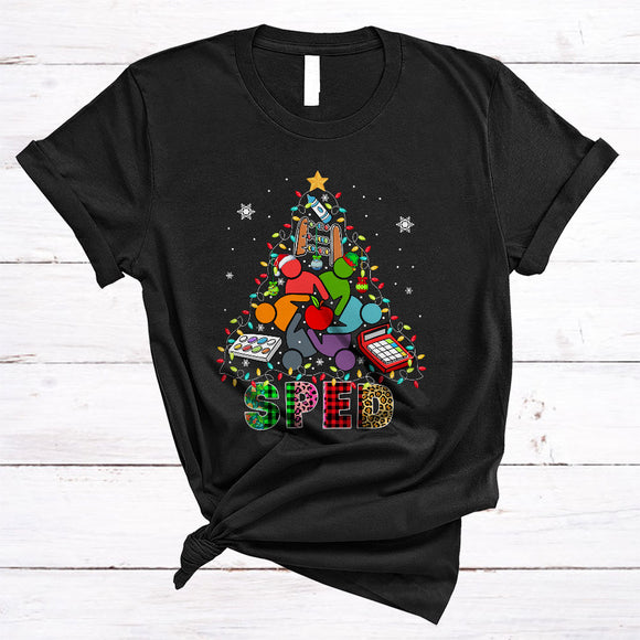MacnyStore - SPED, Colorful Leopard Plaid Christmas Lights Tree, Matching SPED Teacher Tools Lover T-Shirt